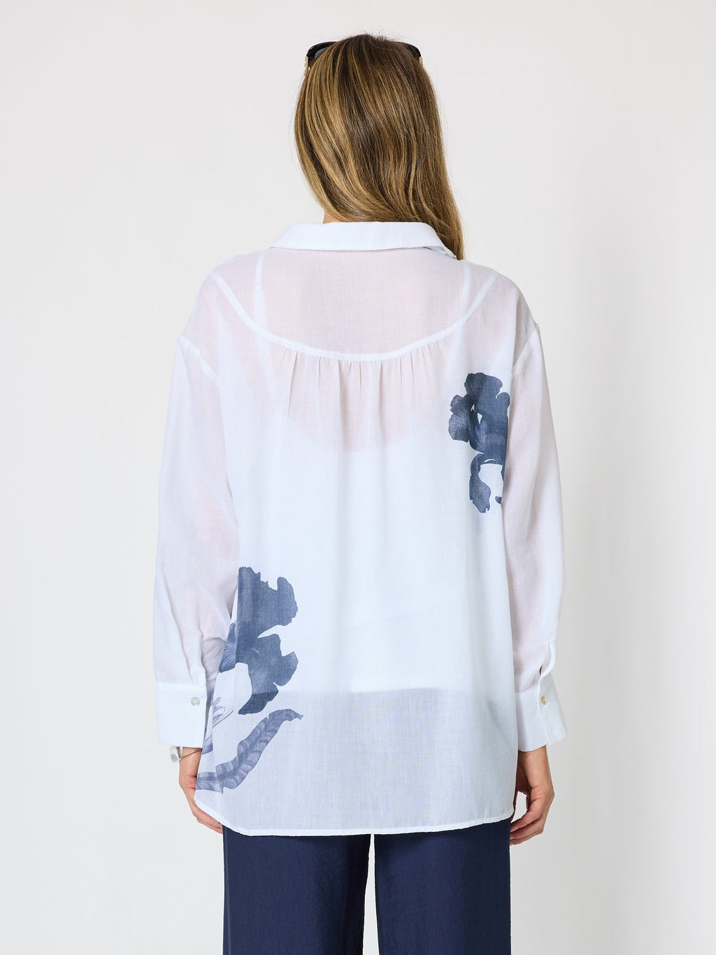 Clarity Rosa Floral Print Sheer Shirt - White/Navy in White/Navy