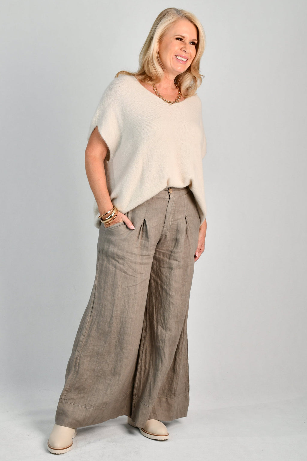 LA SOFIA VLSP130 (12786) - CAMILLA LINEN PANT - FANGO in Fango