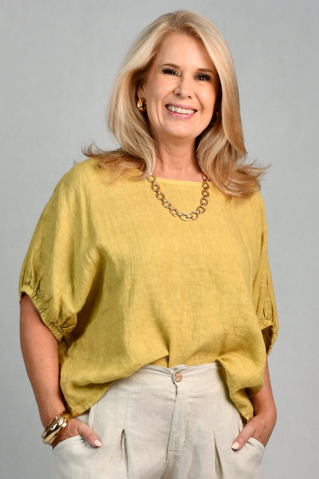 LA SOFIA VLST370 (13141) - MARTINA LINEN TOP  - MUSTARD in Mustard