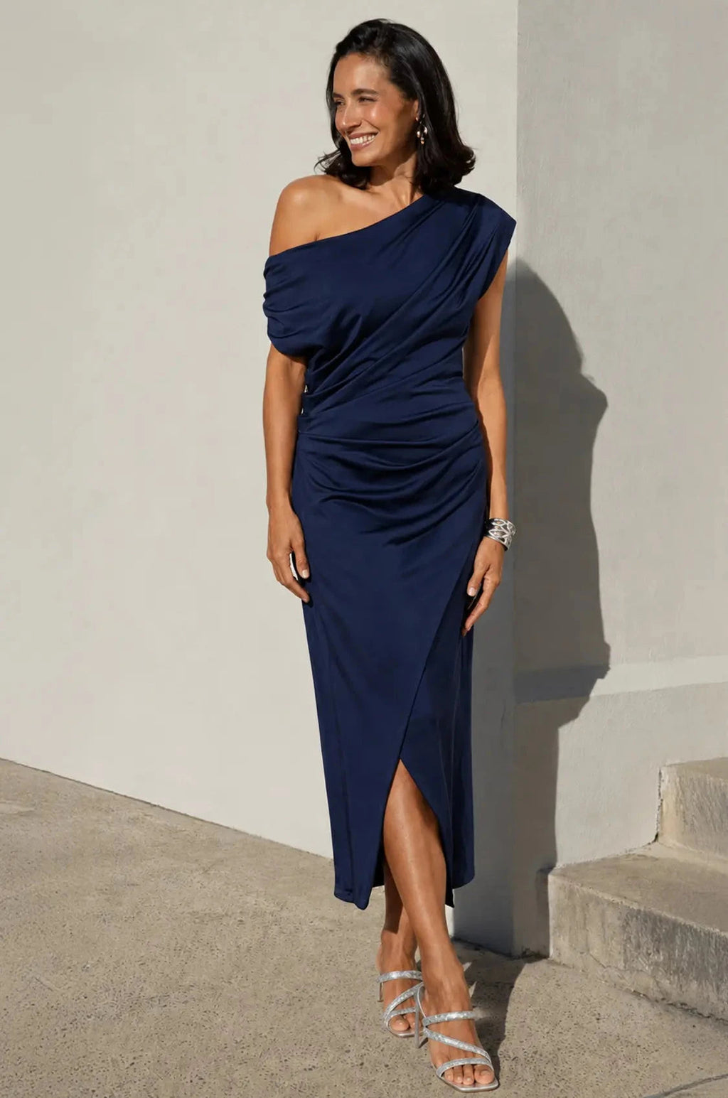 Carolina Roslyn Off Shoulder Midi Dress Navy in Single