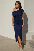 Carolina Roslyn Off Shoulder Midi Dress Navy in Single