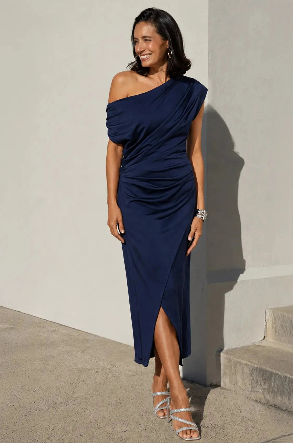 Carolina Roslyn Off Shoulder Midi Dress Navy in Single