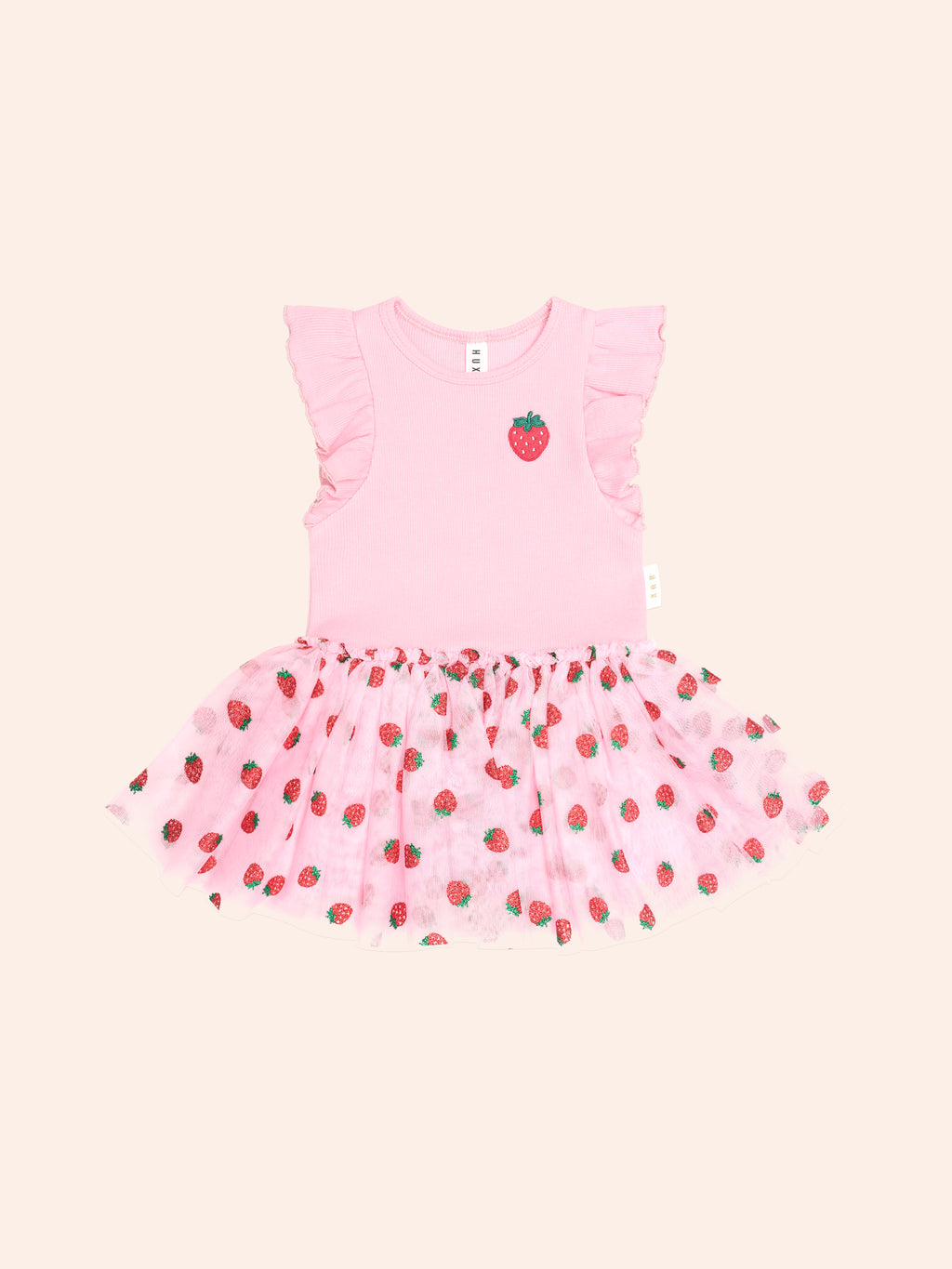 HUXBABY STRAWBERRY EMB S/SLV TULLE DRESS in STRAWBERRY CRÈME