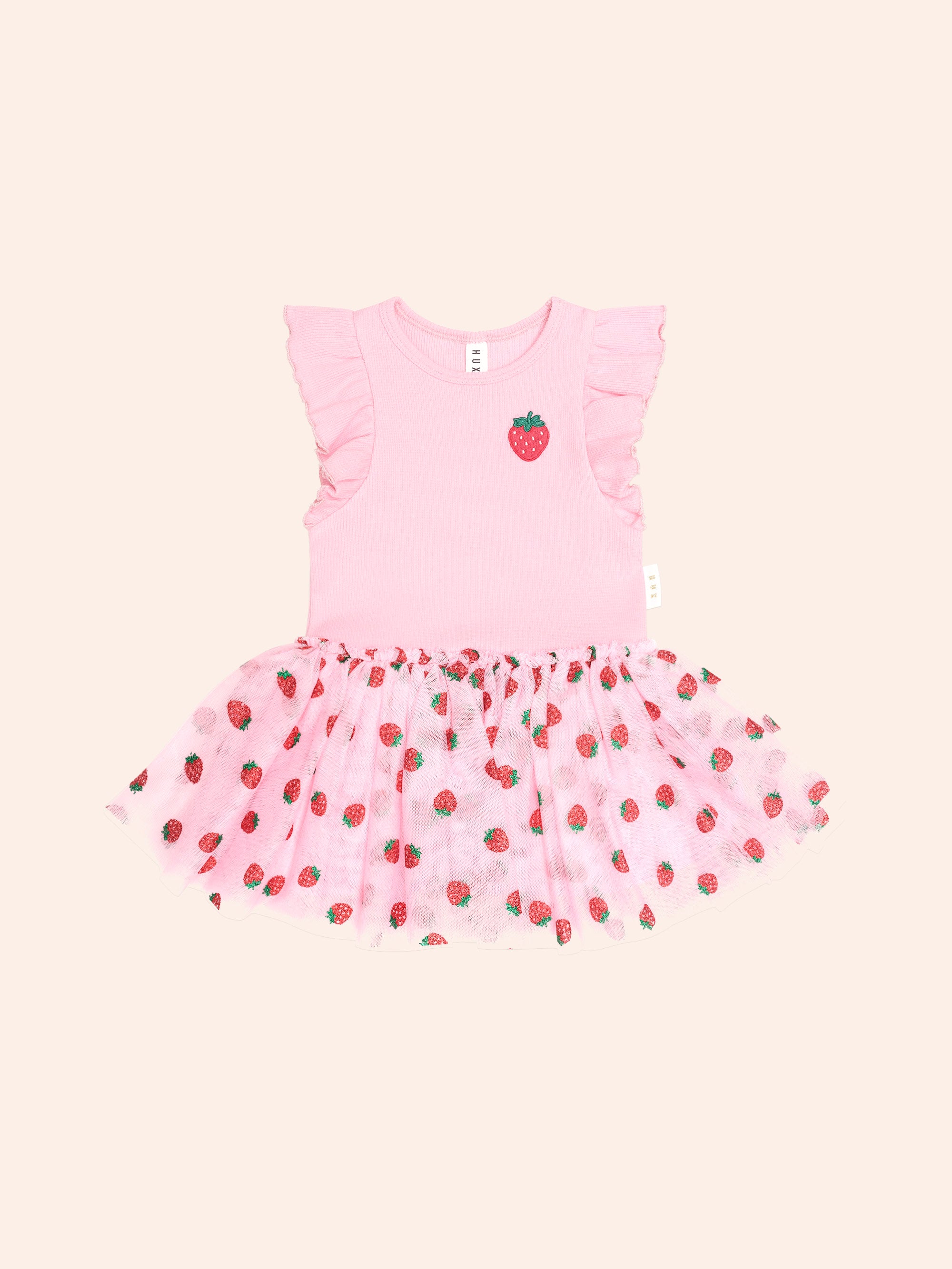 HUXBABY STRAWBERRY EMB S/SLV TULLE DRESS in STRAWBERRY CRÈME