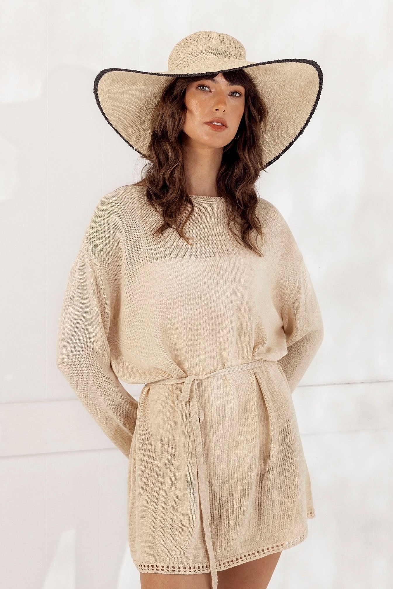 Morgan & Taylor Raegan Crochet Straw Sun Hat in Natural Beige and Black Stripe in Beige