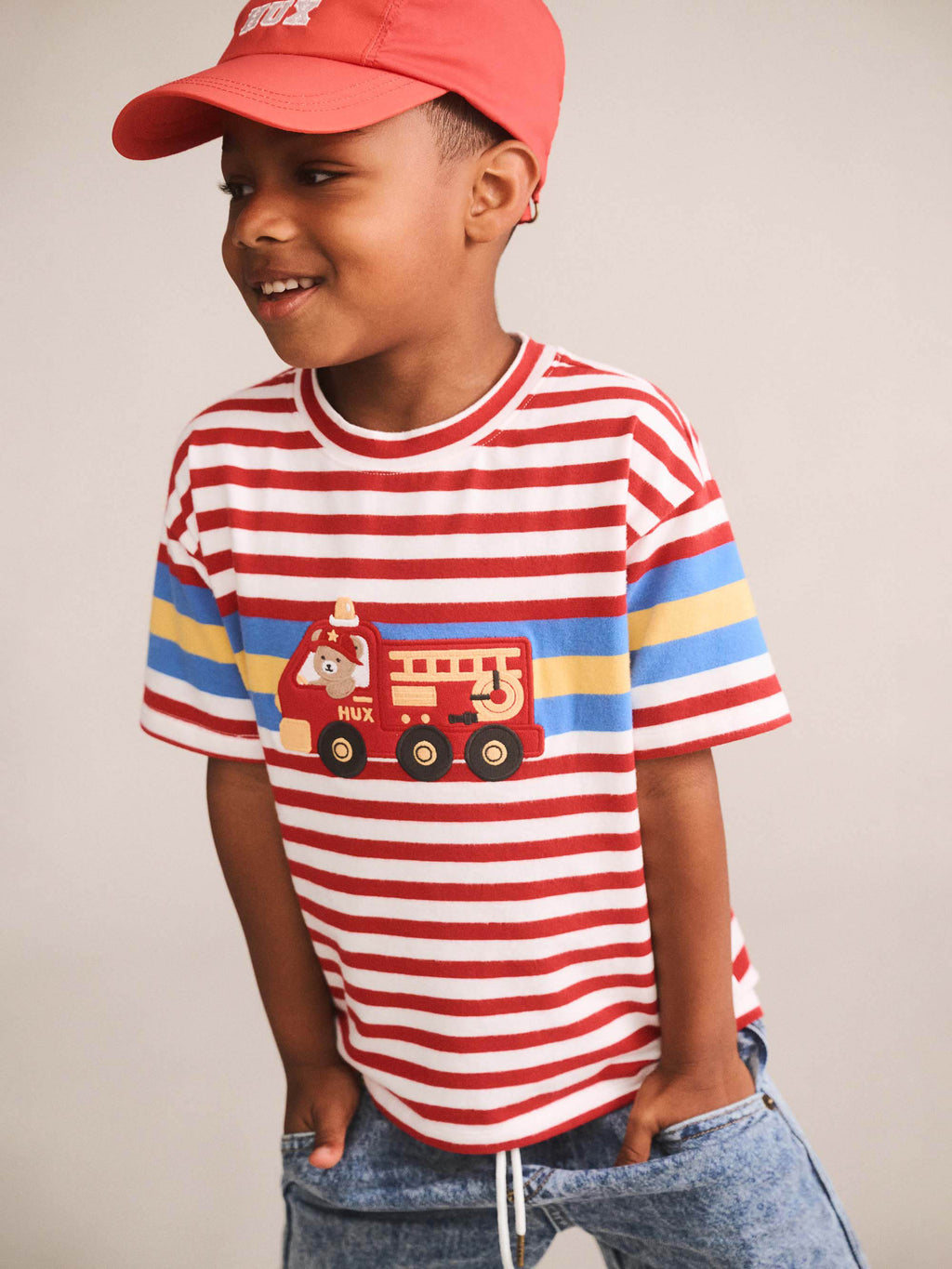 HUXBABY FIREMAN HUX STRIPE TEE in RACER RED /ALMOND MILK