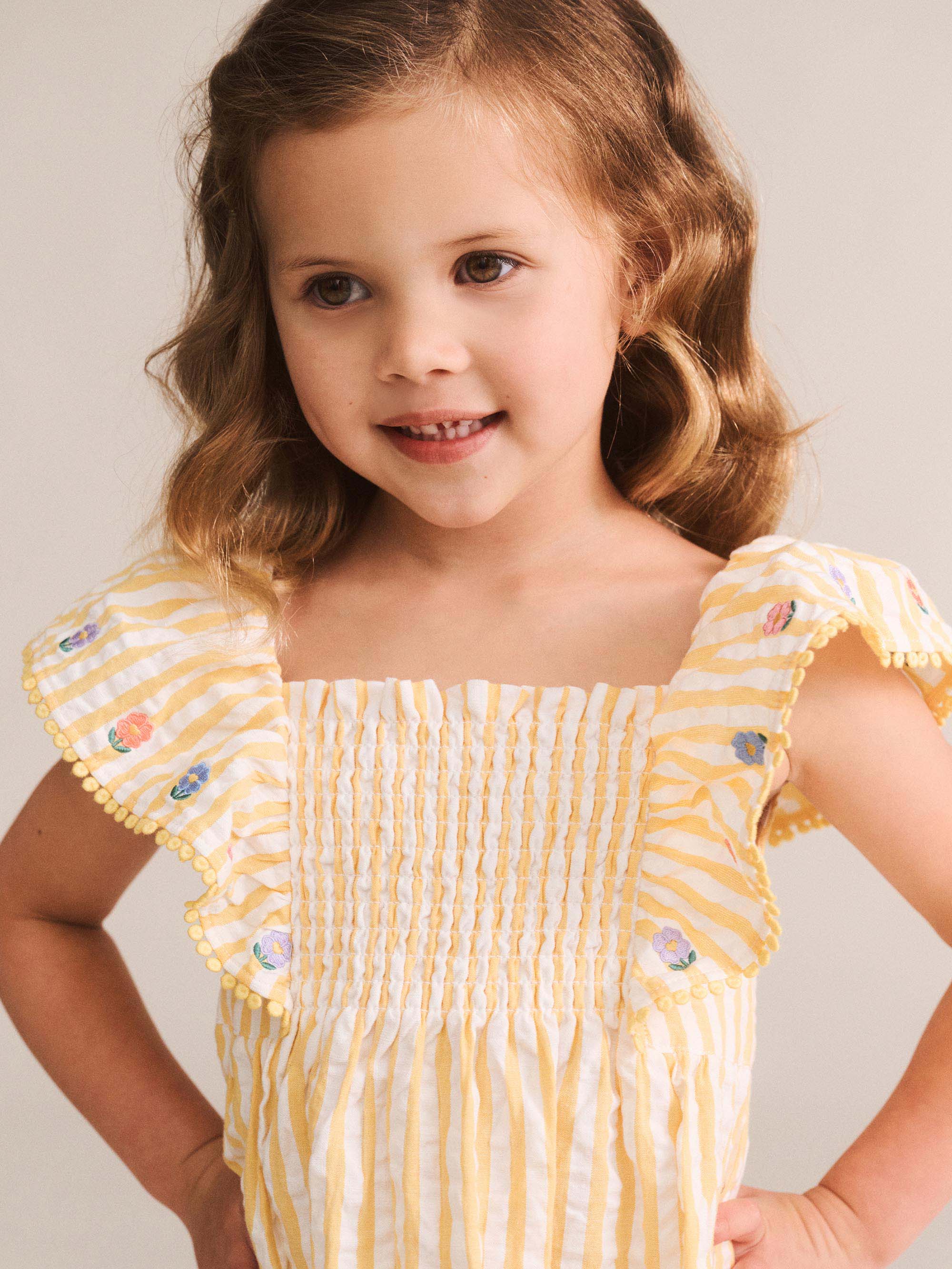 HUXBABY FLOWER FIELD STRIPE SHIRRED DRESS in GOLDEN/ALMOND MILK
