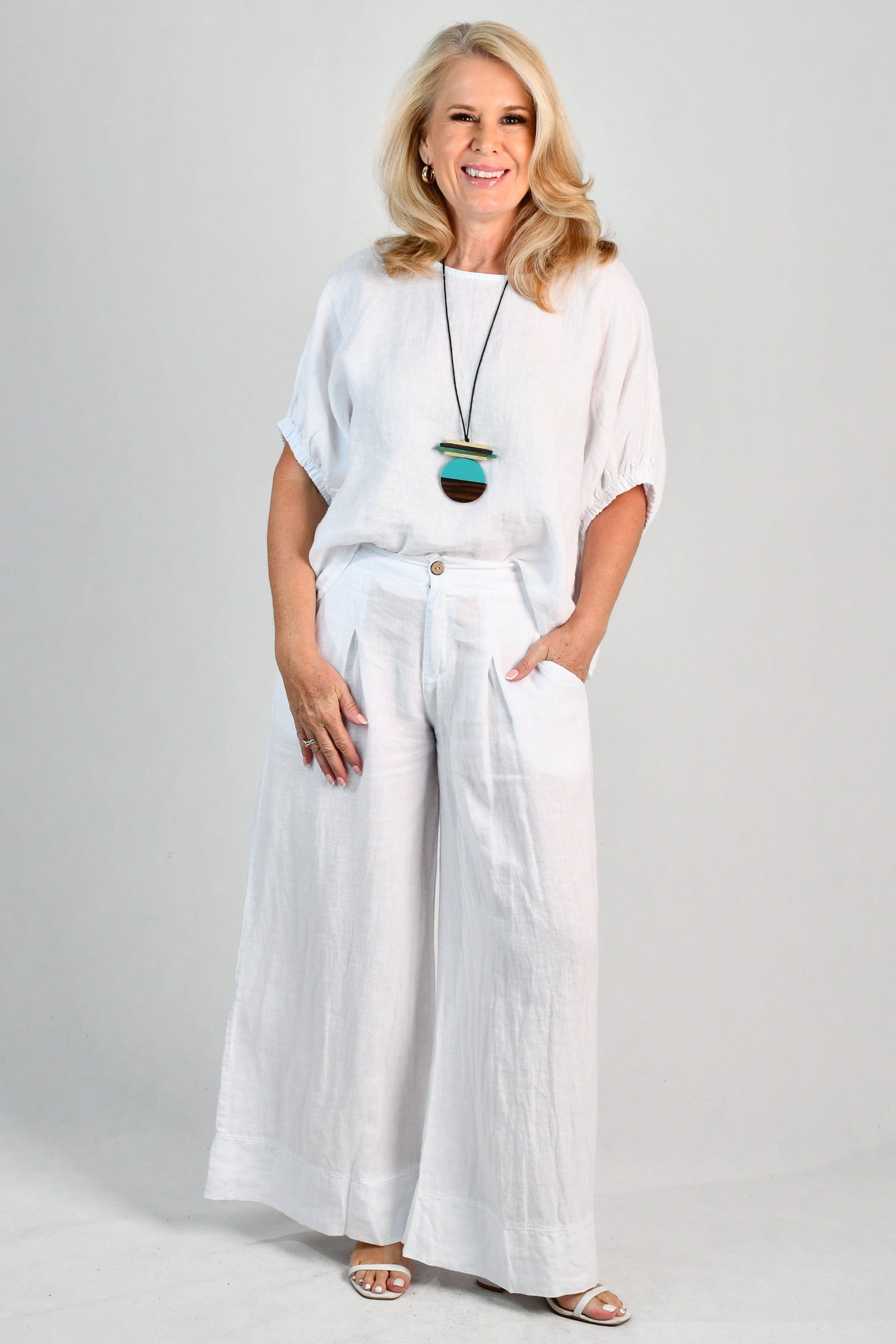 LA SOFIA VLSP130 (12786) - CAMILLA LINEN PANT - WHITE in White