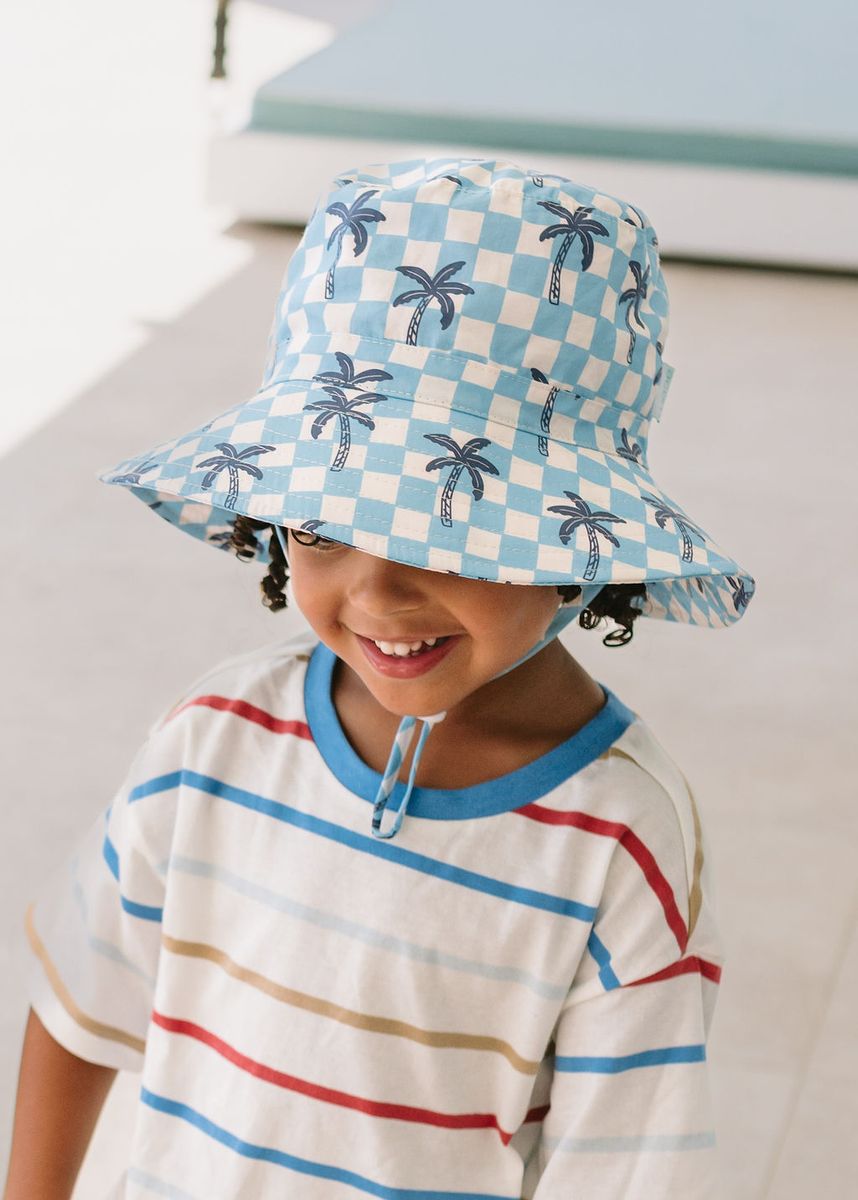 Acorn Kids Blue Checked Palms Wide Brim Bucket Hat in Blue, Cream and Navy