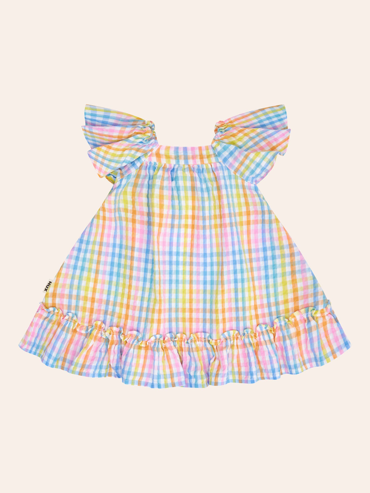 HUXBABY Rainbow Check Bow Dress in Single