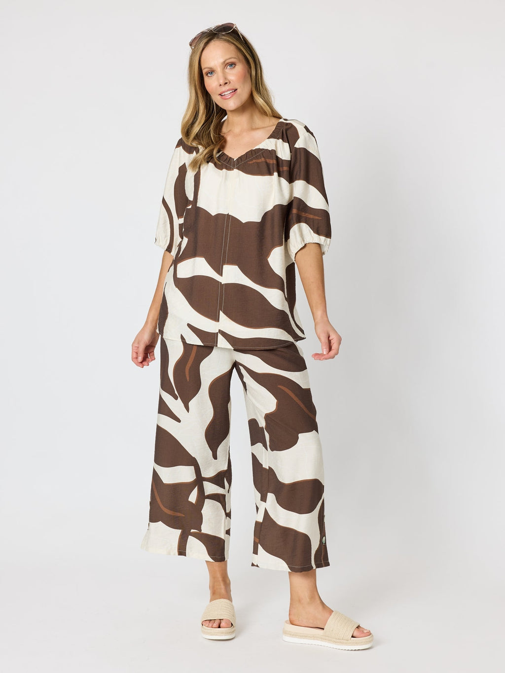 Clarity Bay Leaf Wide Leg Pant  - Mocha Multi in Mocha Multi