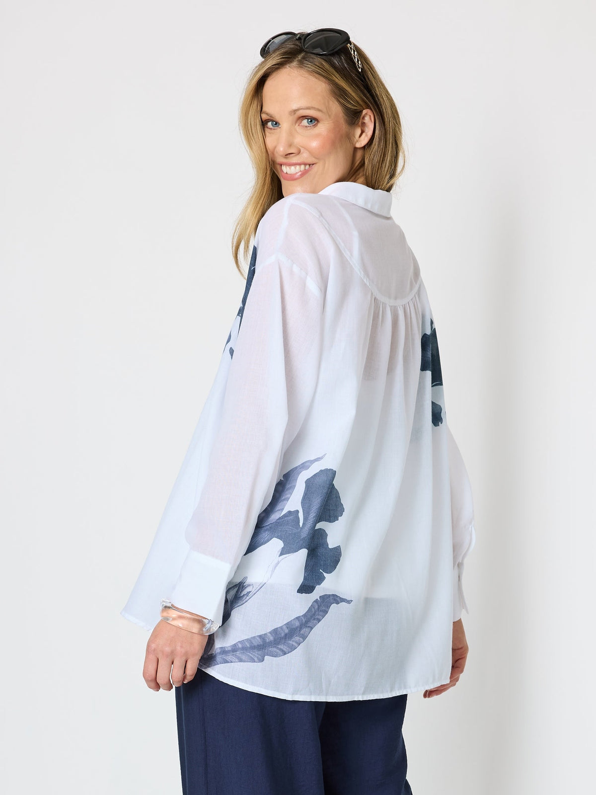 Clarity Rosa Floral Print Sheer Shirt - White/Navy in White/Navy