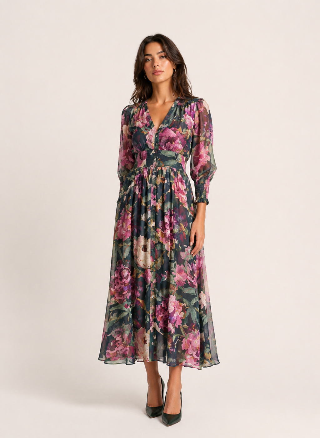 Fria - Floral Button Thur Midi Dress