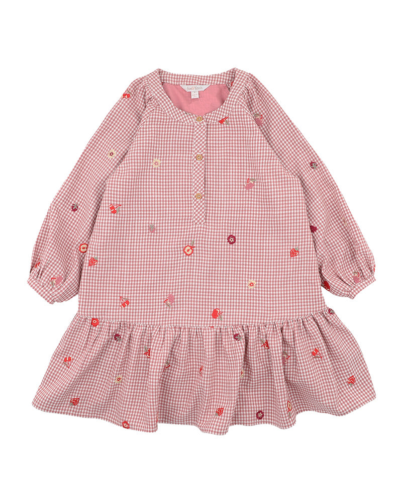 Fox & Finch Orchard Bloom Emb. Check Dress 3-7 Yrs in PINK