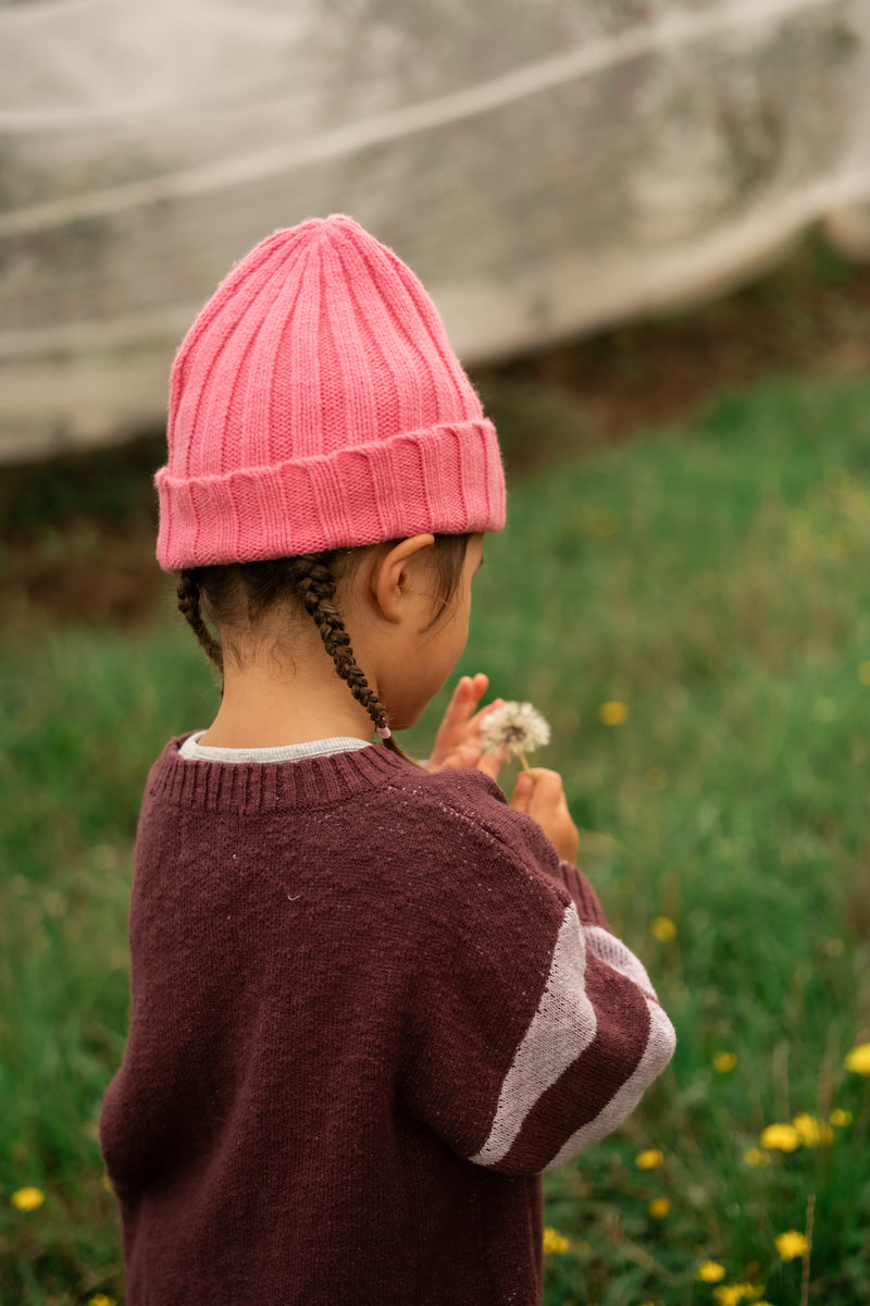 Grown Merino Blend Rib Knit Beanie - Raspberry in Single