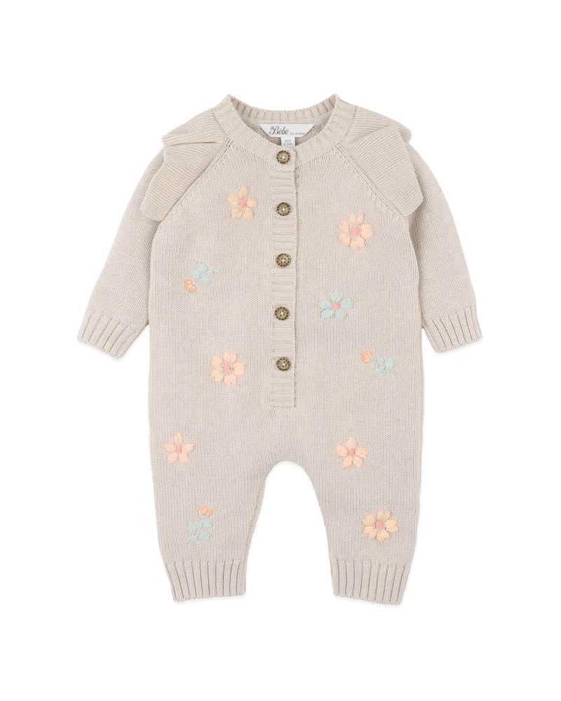 Bébé by Minihaha Fern Hand Emb. Organic Knitted Romper in NATURAL
