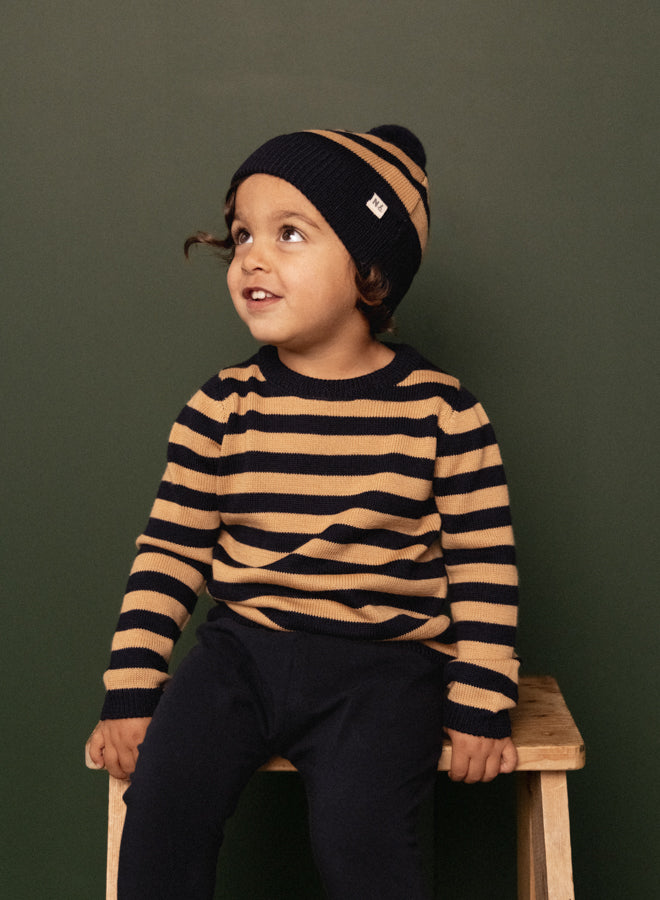 Nature Baby Merino Knit Pullover in Navy/Caramel Stripe