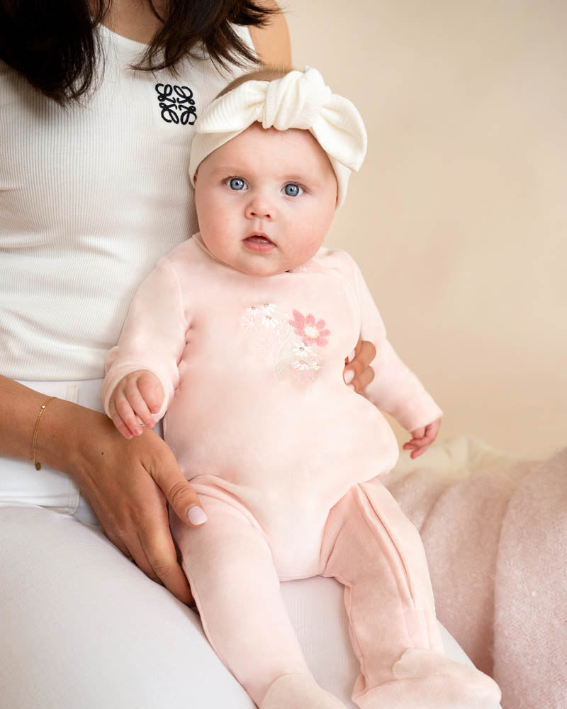 Bébé by Minihaha Fern Velour Embroidered Zip Onesie in PINK