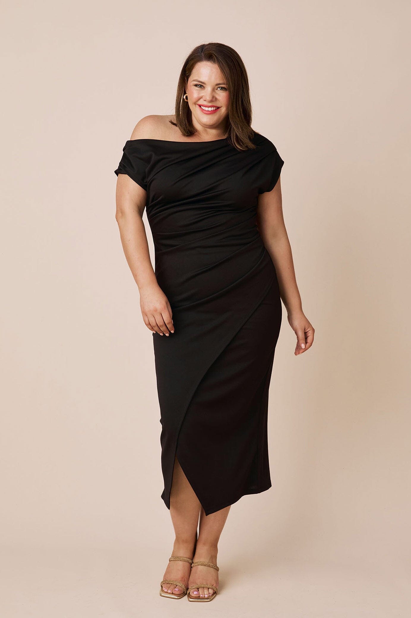 Carolina Roslyn Off Shoulder Midi Dress Black in Single