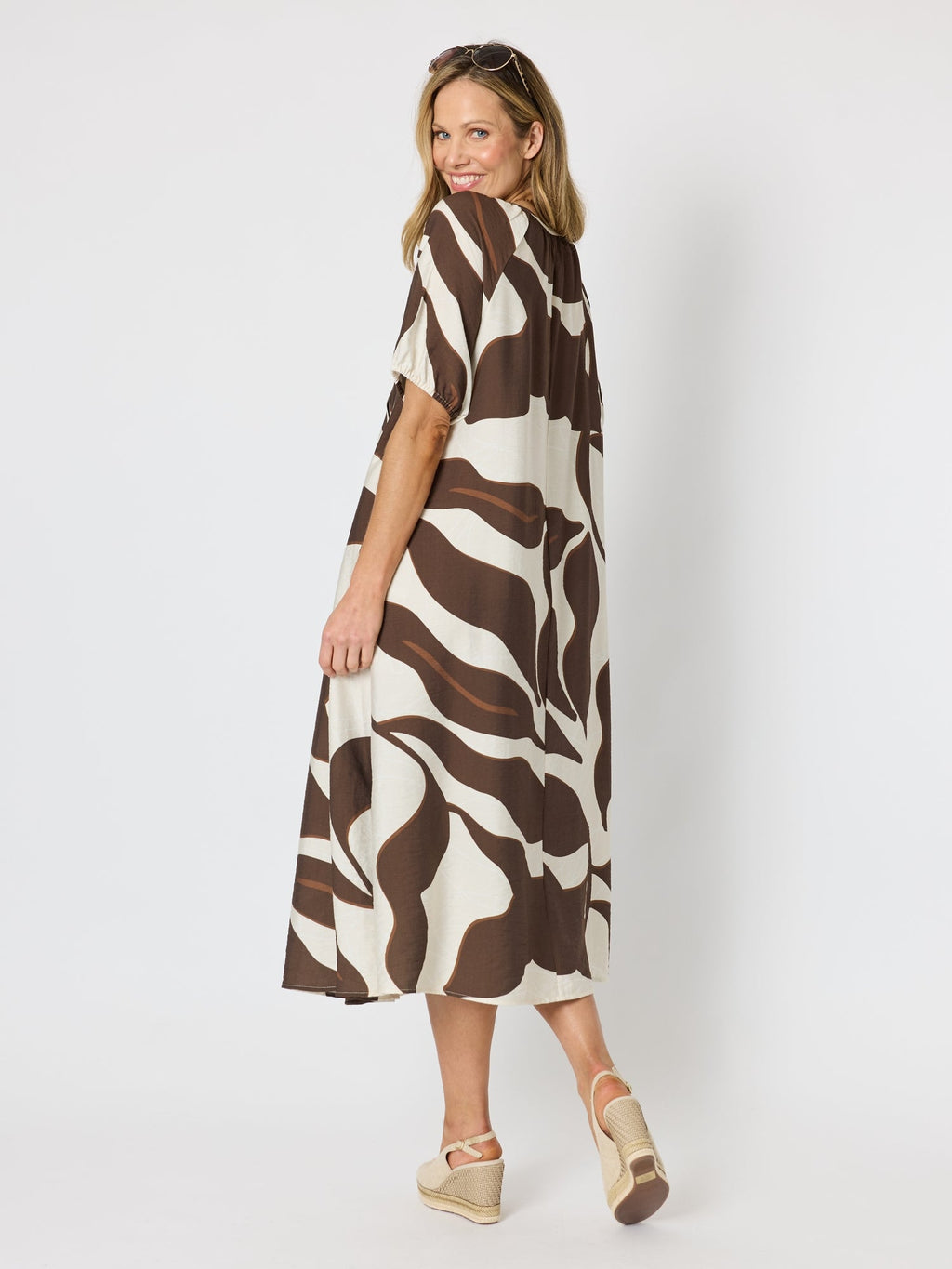 Clarity Bay Leaf Print Midi Dress - Mocha Multi in Mocha Multi