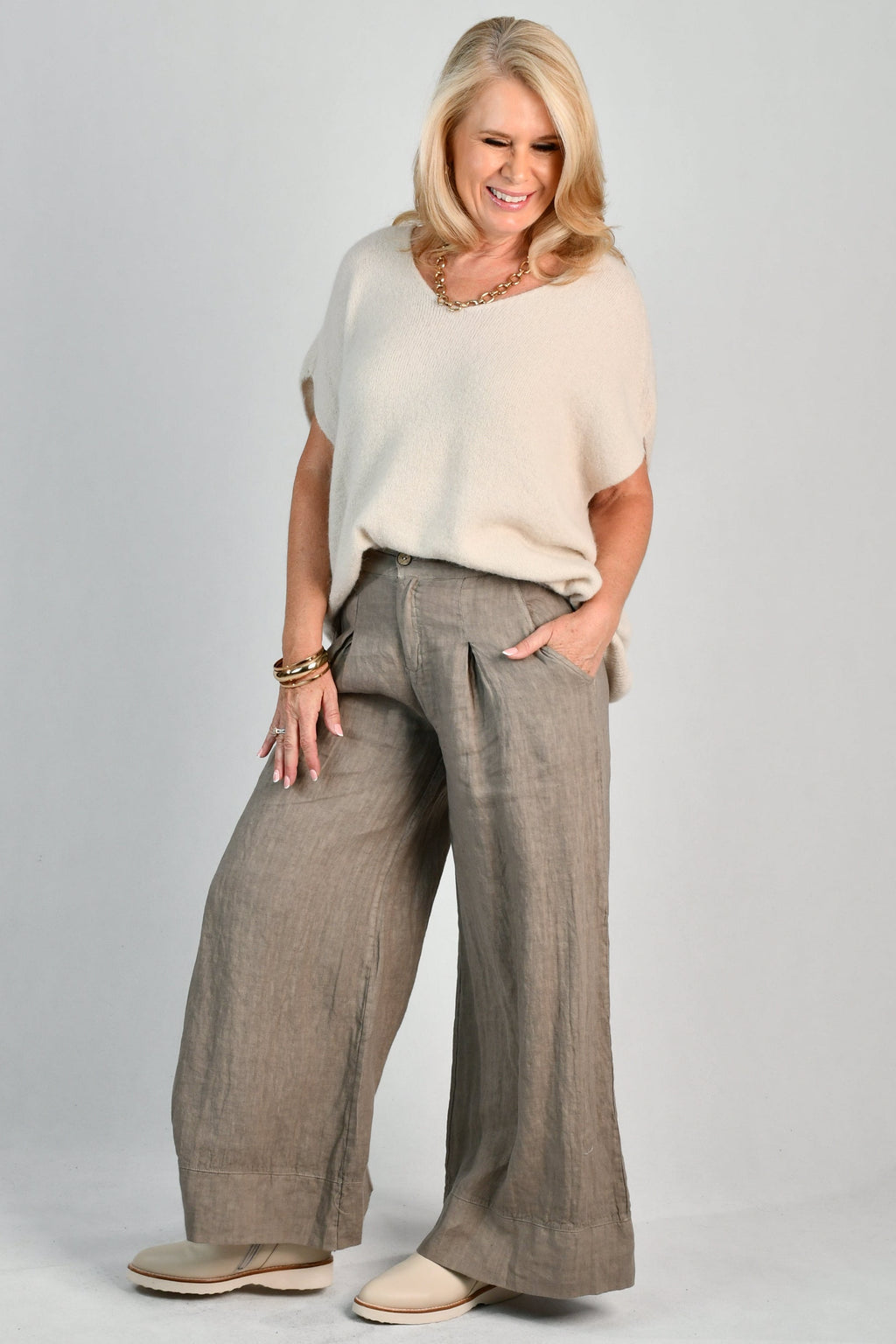LA SOFIA VLSP130 (12786) - CAMILLA LINEN PANT - FANGO in Fango