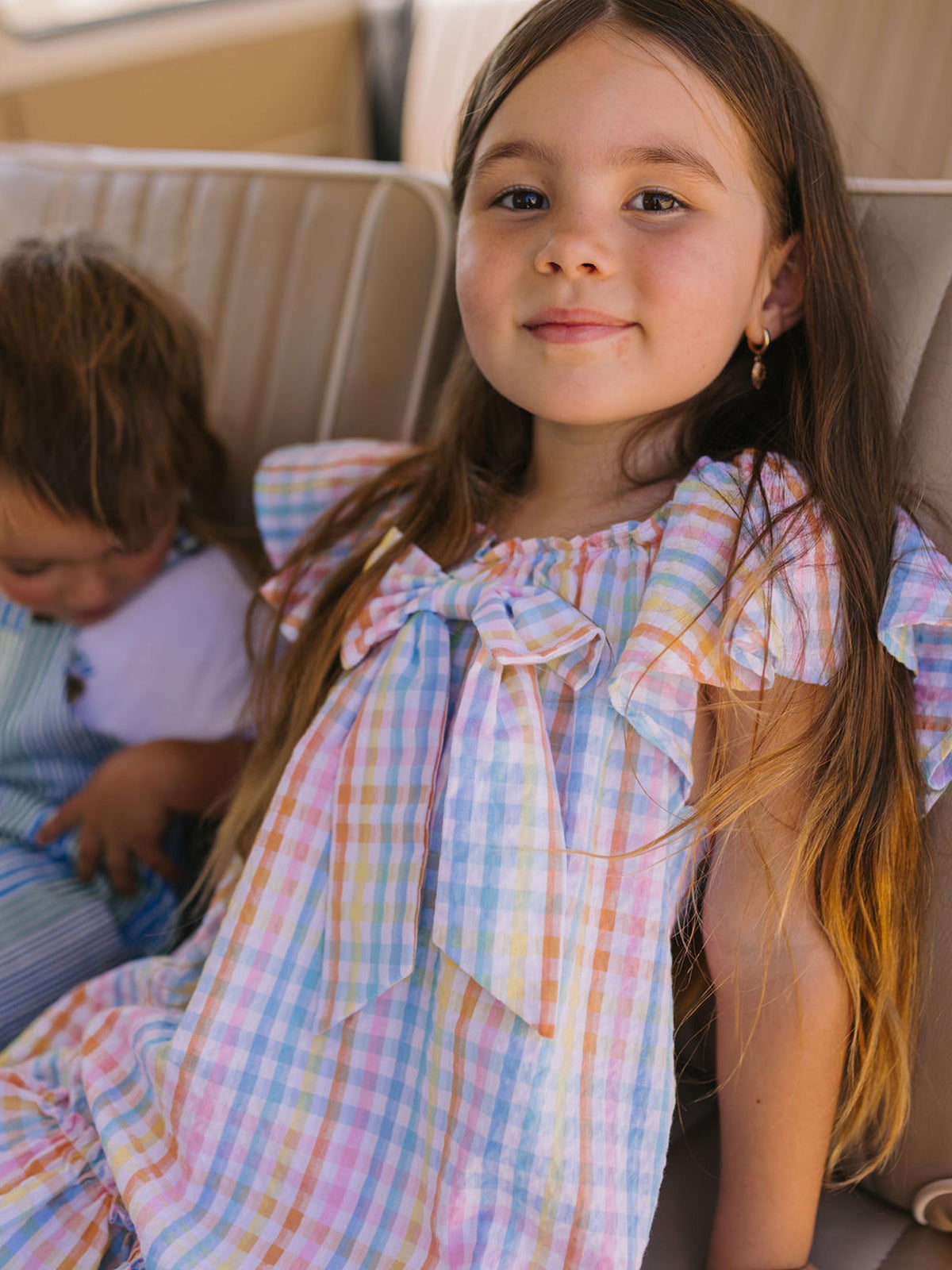 HUXBABY Rainbow Check Bow Dress in Single
