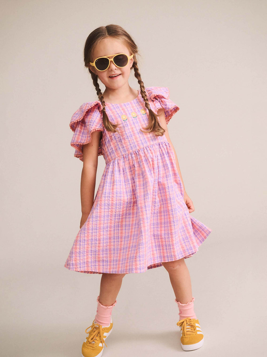 HUXBABY Floral Emb Tropical Check Dress in MULTI