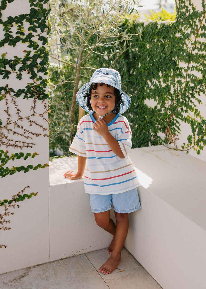 Acorn Kids Blue Checked Palms Wide Brim Bucket Hat in Blue, Cream and Navy