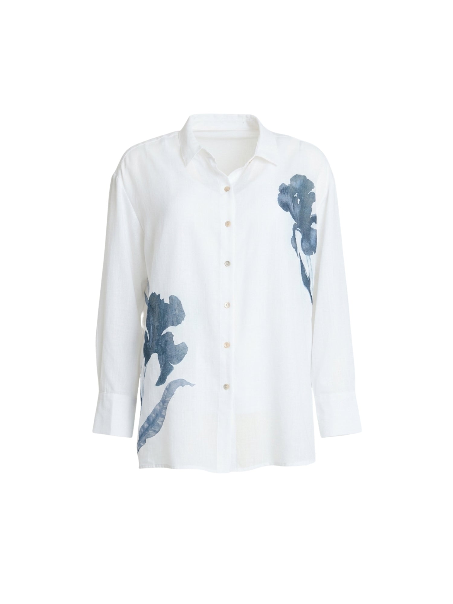 Clarity Rosa Floral Print Sheer Shirt - White/Navy in White/Navy