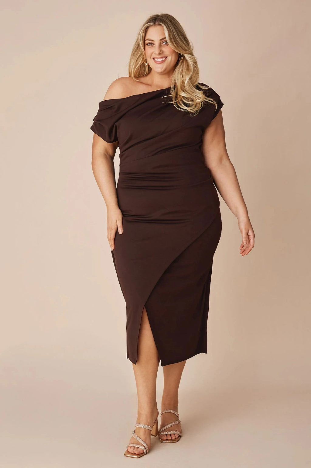 Carolina Roslyn Off Shoulder Midi Dress Chocolate Brown in Single