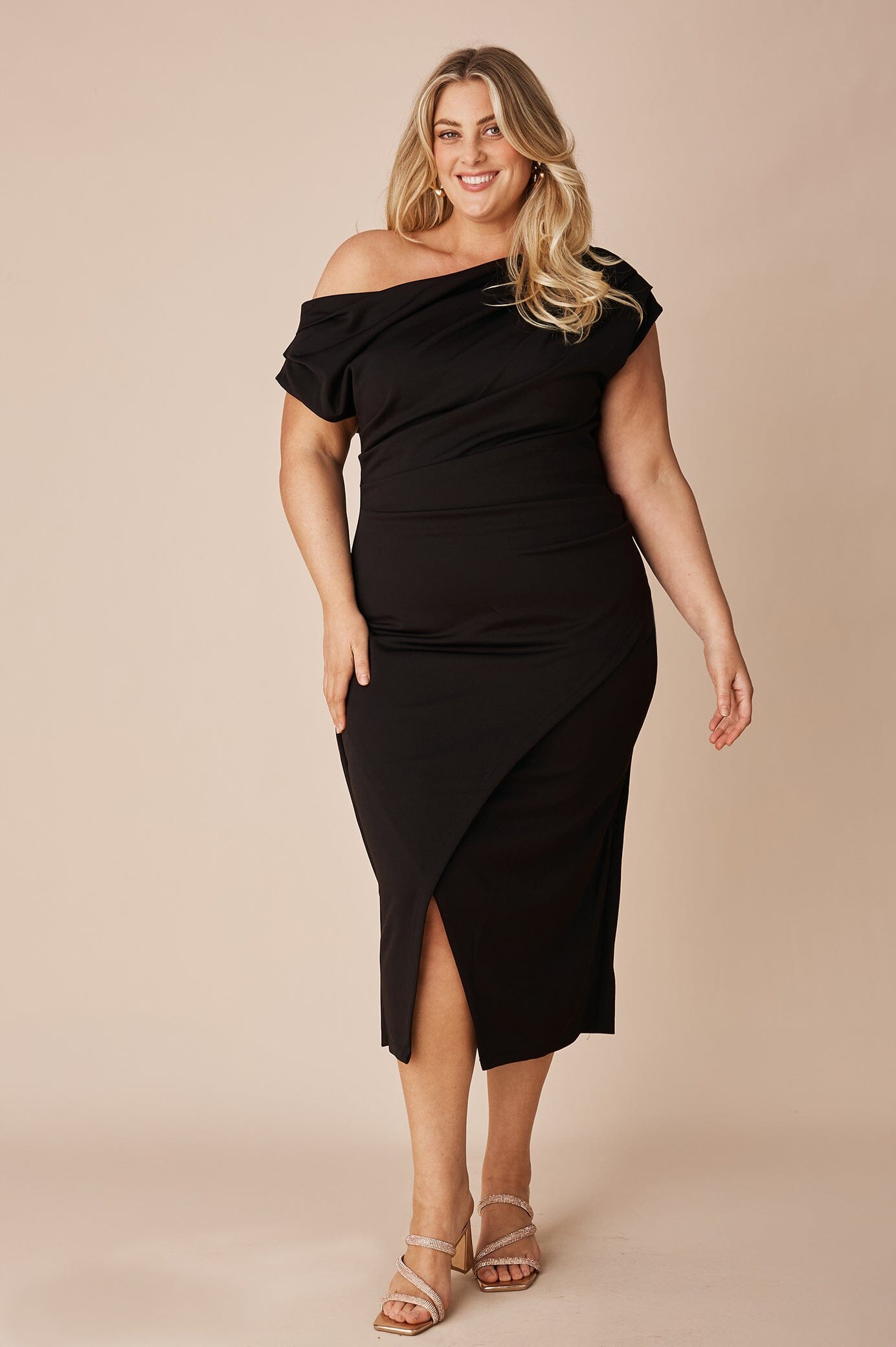 Carolina Roslyn Off Shoulder Midi Dress Black in Single