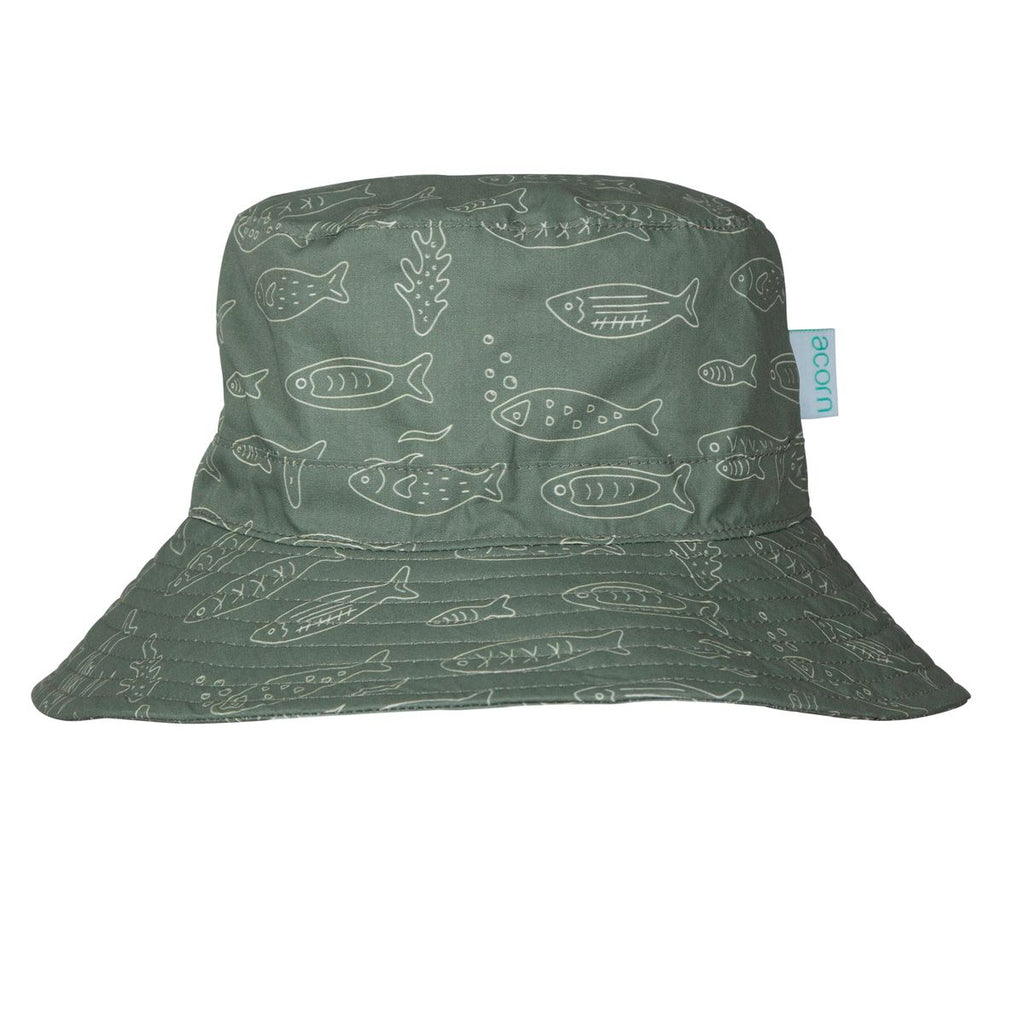 Acorn Kids School Of Fish Wide Brim Bucket Hat in Olive Green and White