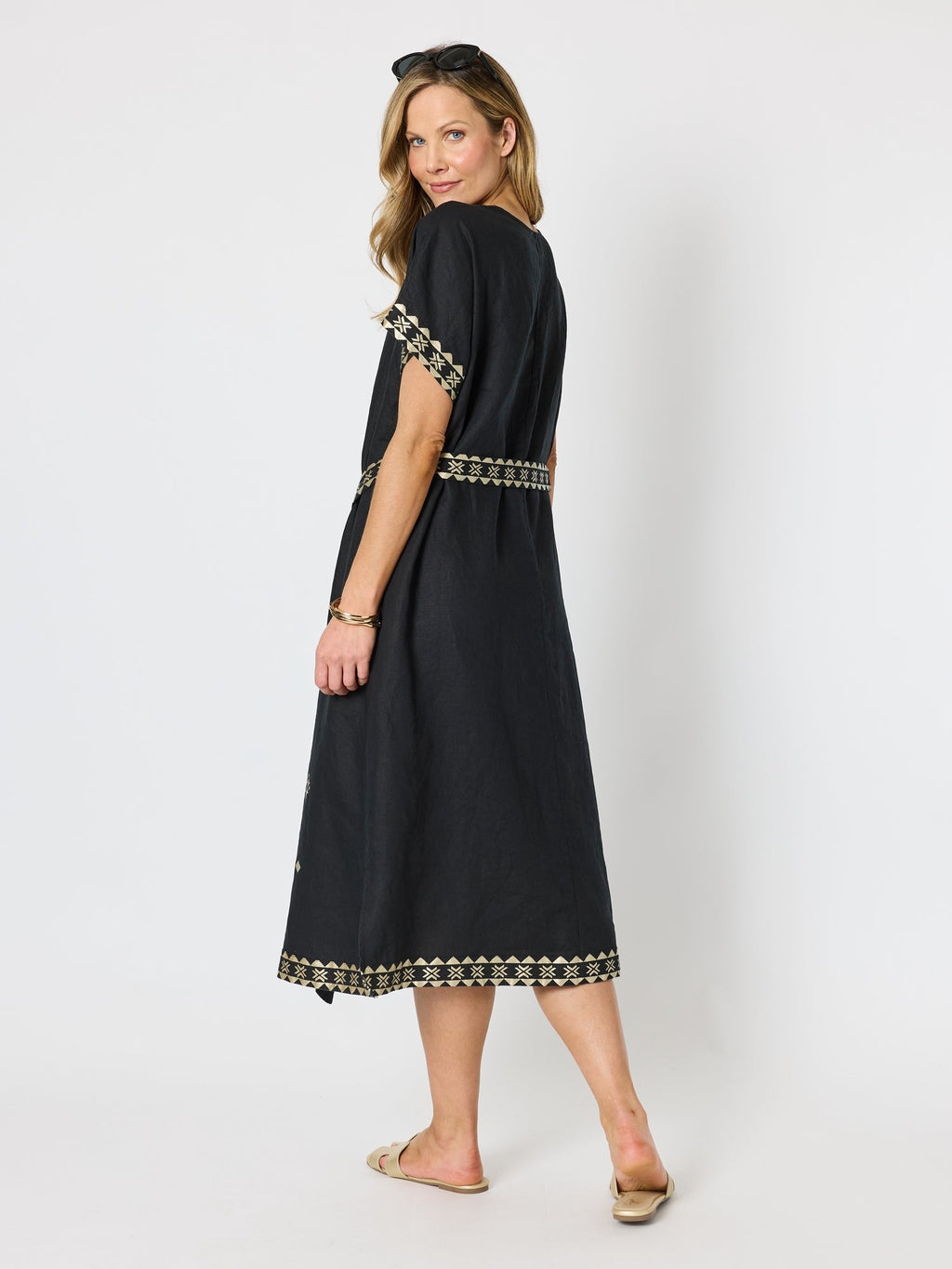 Hammock & Vine Soleil Foil Print Linen Dress - Black/Gold in Black/Gold