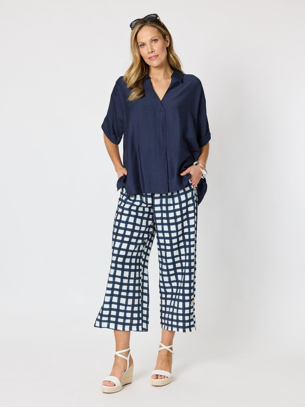 Clarity Monaco Grid Print Wide Leg Pant - Navy/White in Navy/White