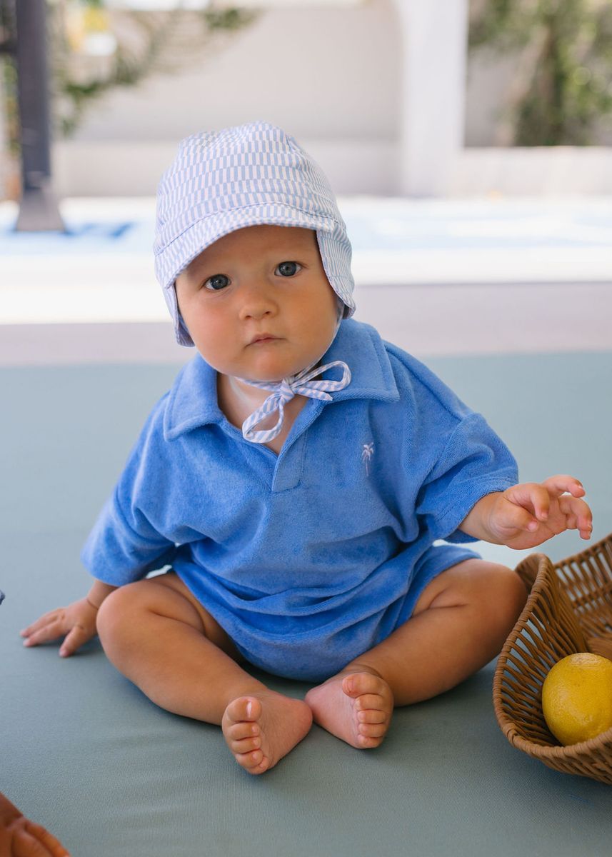Acorn Kids Blue Sprinkle Soft Jersey Flap Cap in Blue and Cream