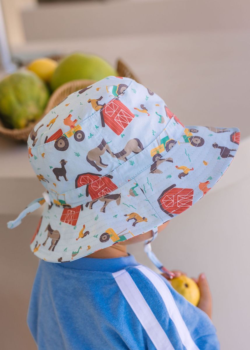 Acorn Kids Farmyard Wide Brim Bucket Hat in Blue and Multi