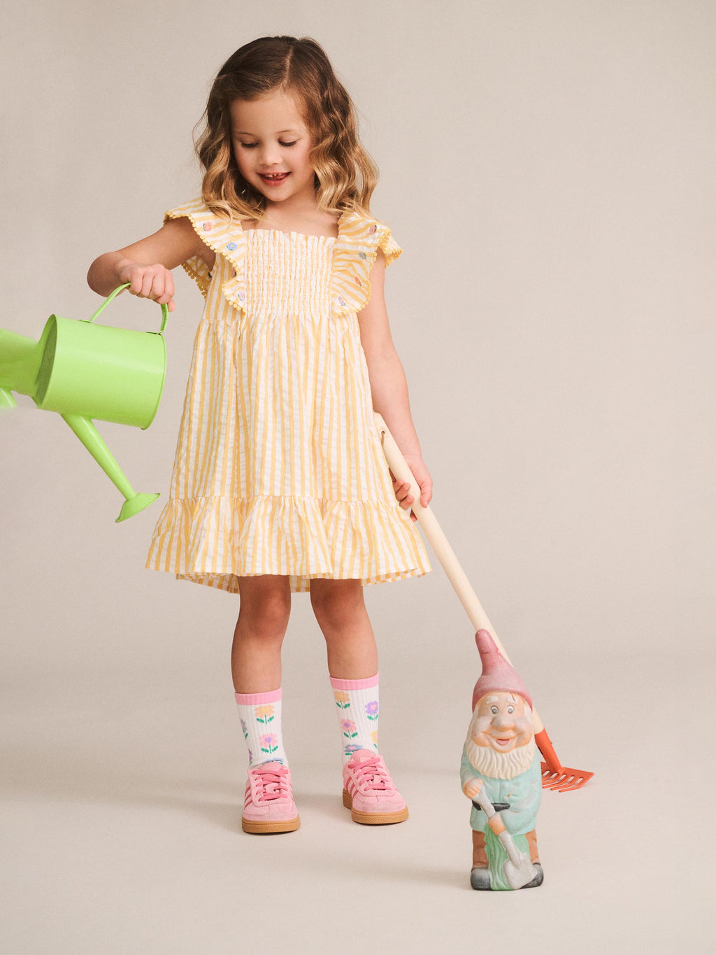 HUXBABY FLOWER FIELD STRIPE SHIRRED DRESS in GOLDEN/ALMOND MILK