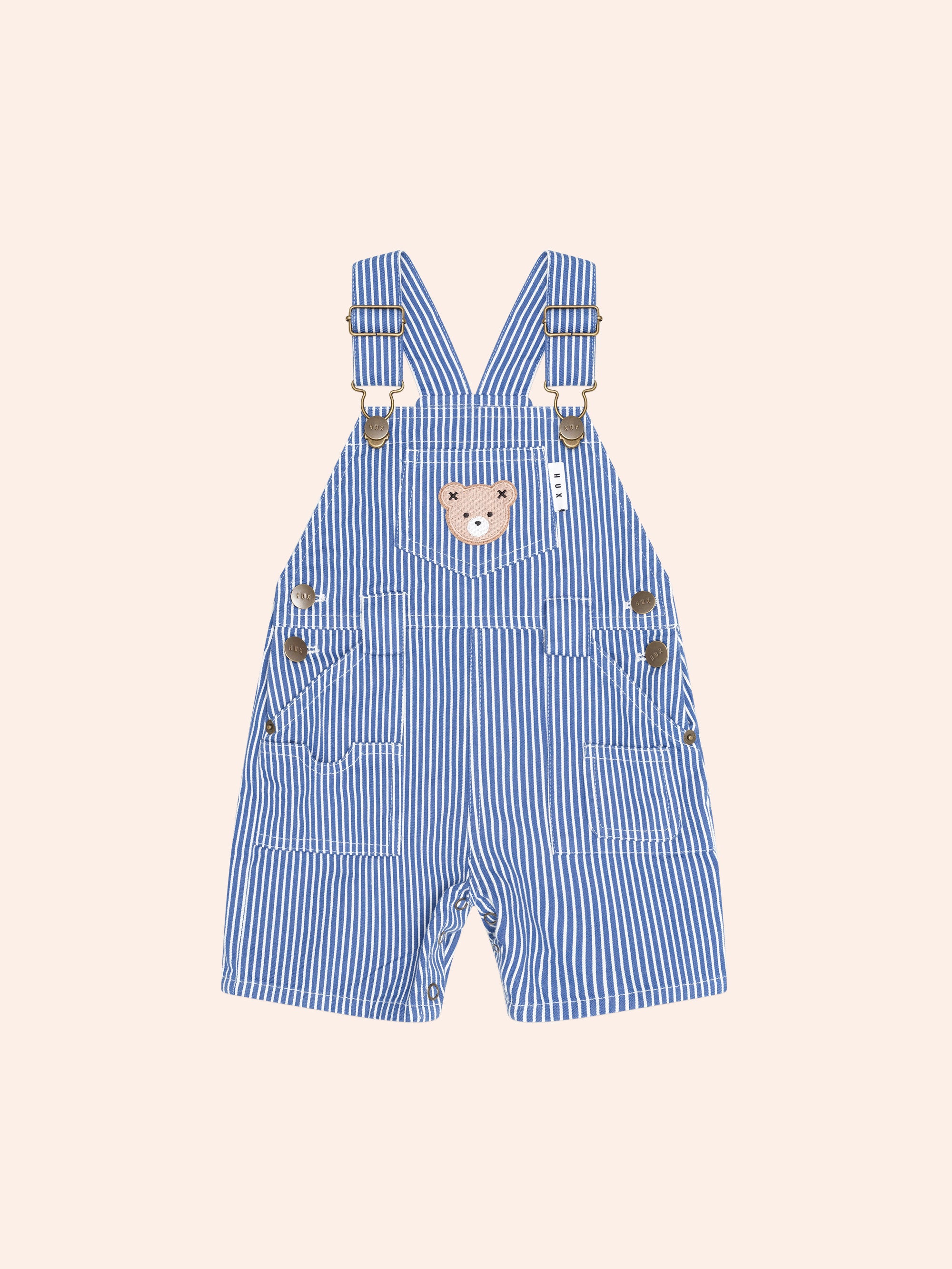 HUXBABY COBALT STRIPE CARPENTER SHORTALL in COBALT/ ALMOND MILK STRIPE