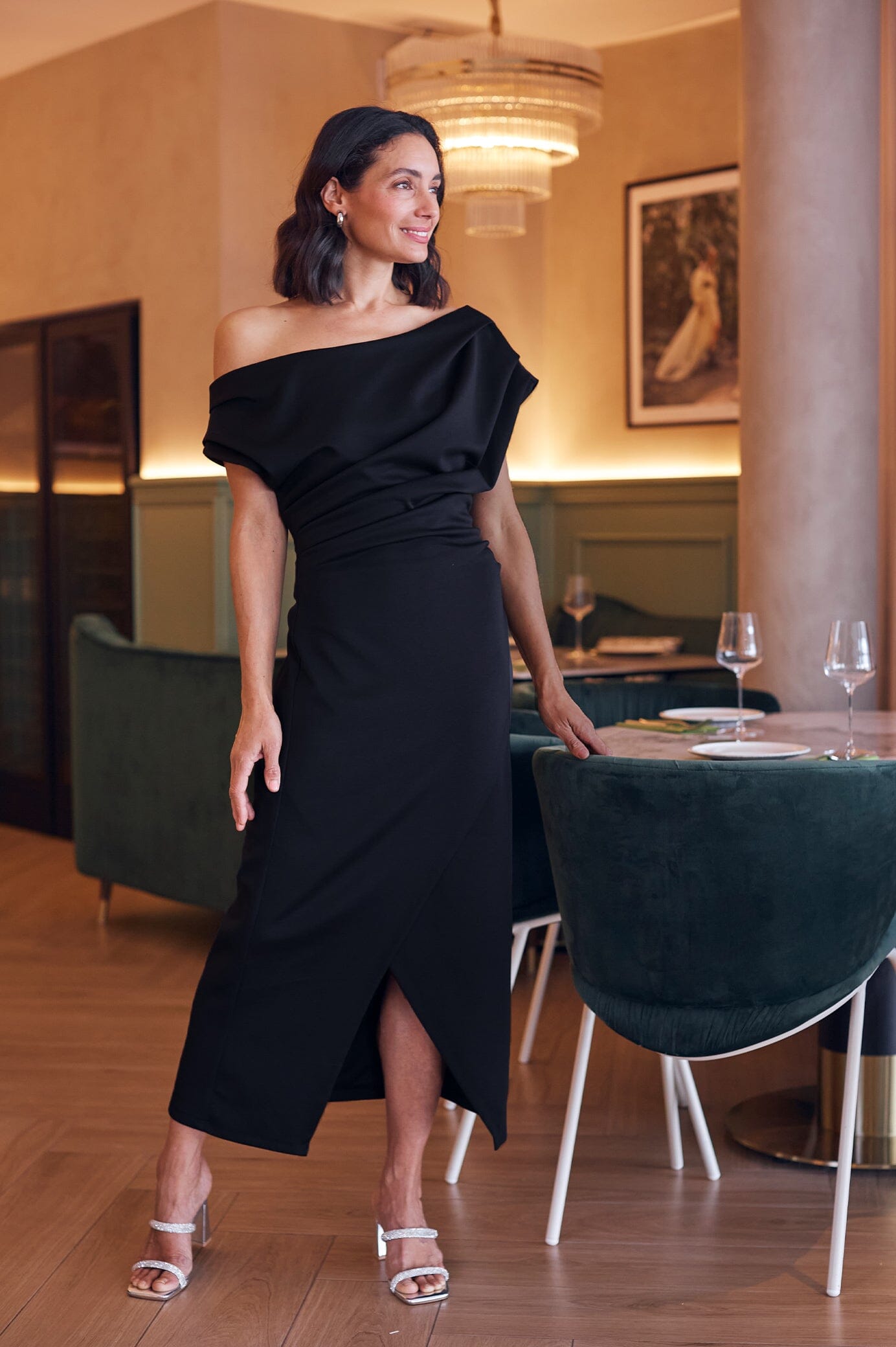 Carolina Roslyn Off Shoulder Midi Dress Black in Single