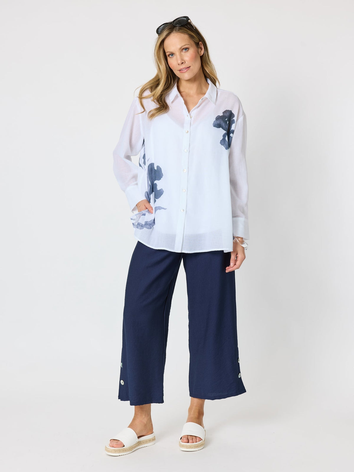 Clarity Rosa Floral Print Sheer Shirt - White/Navy in White/Navy