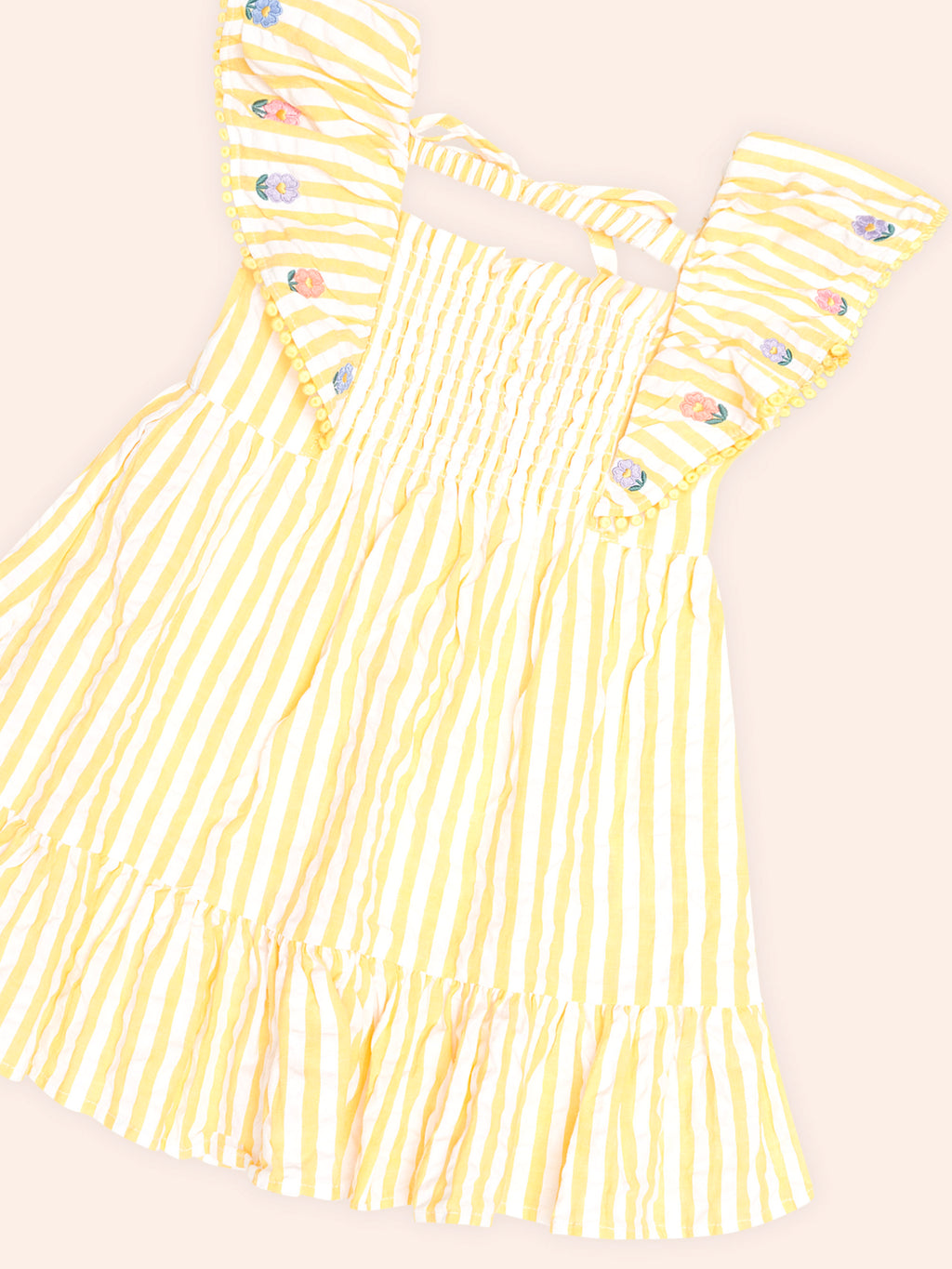 HUXBABY FLOWER FIELD STRIPE SHIRRED DRESS in GOLDEN/ALMOND MILK