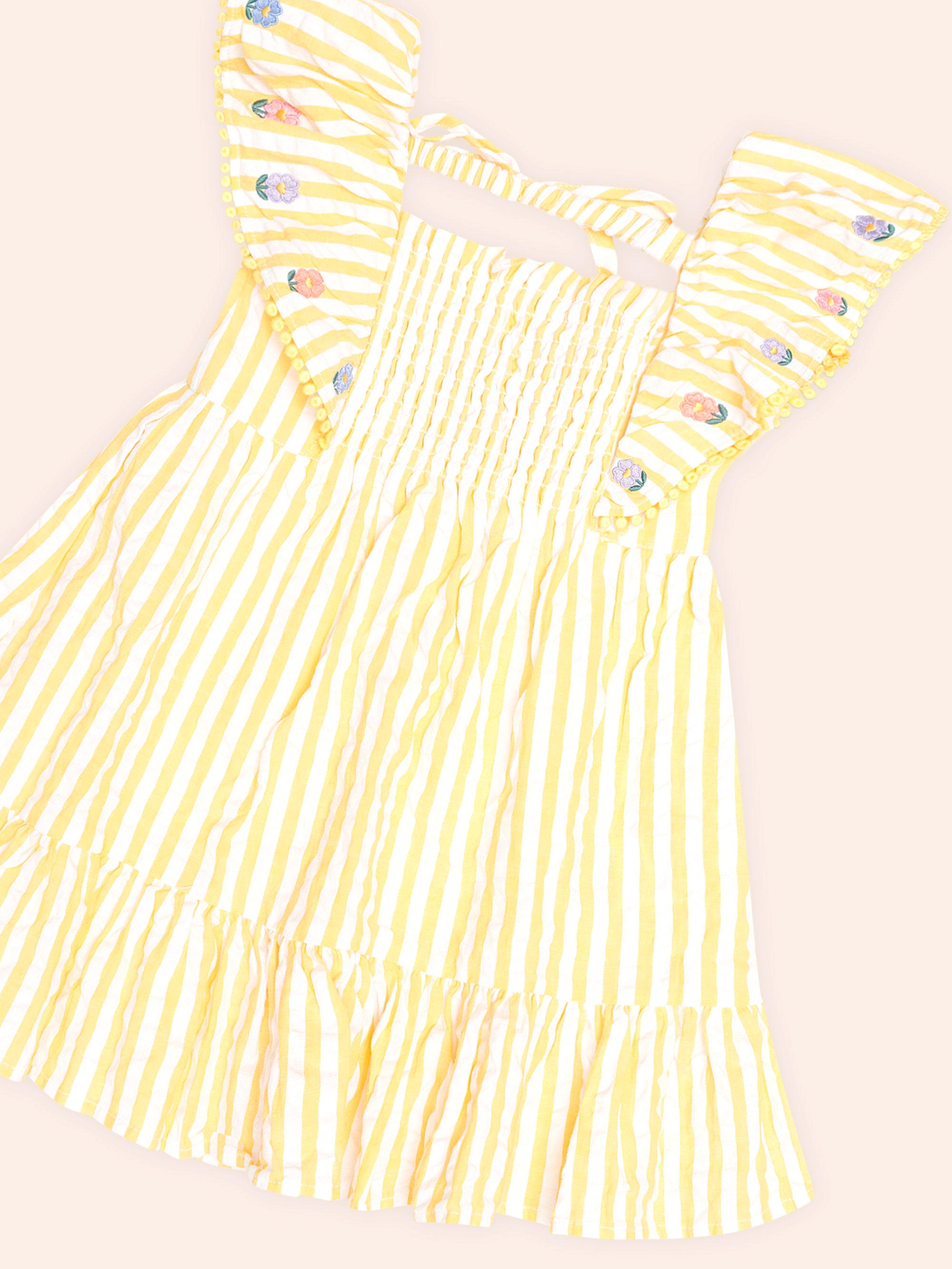 HUXBABY FLOWER FIELD STRIPE SHIRRED DRESS in GOLDEN/ALMOND MILK