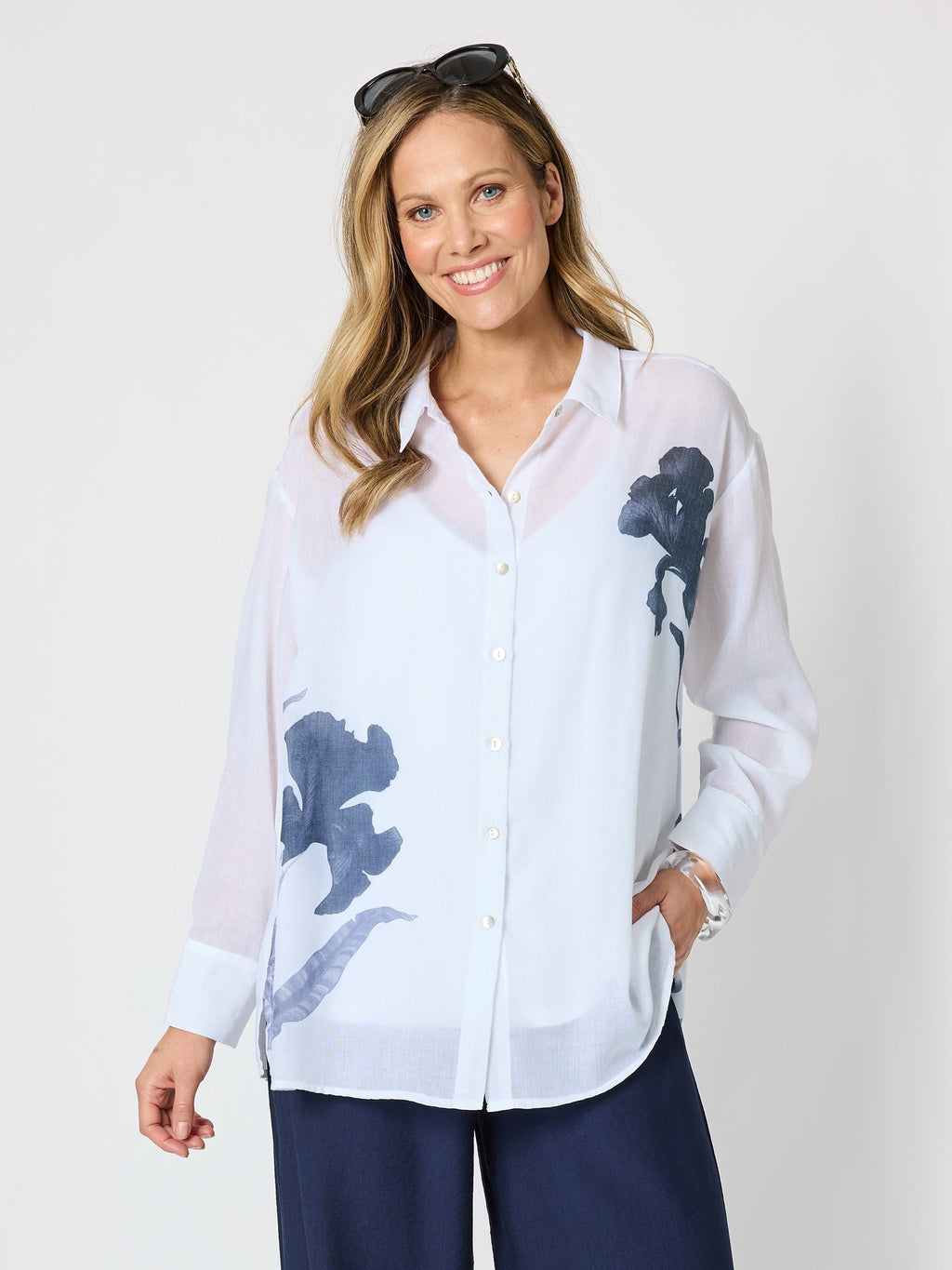Clarity Rosa Floral Print Sheer Shirt - White/Navy in White/Navy