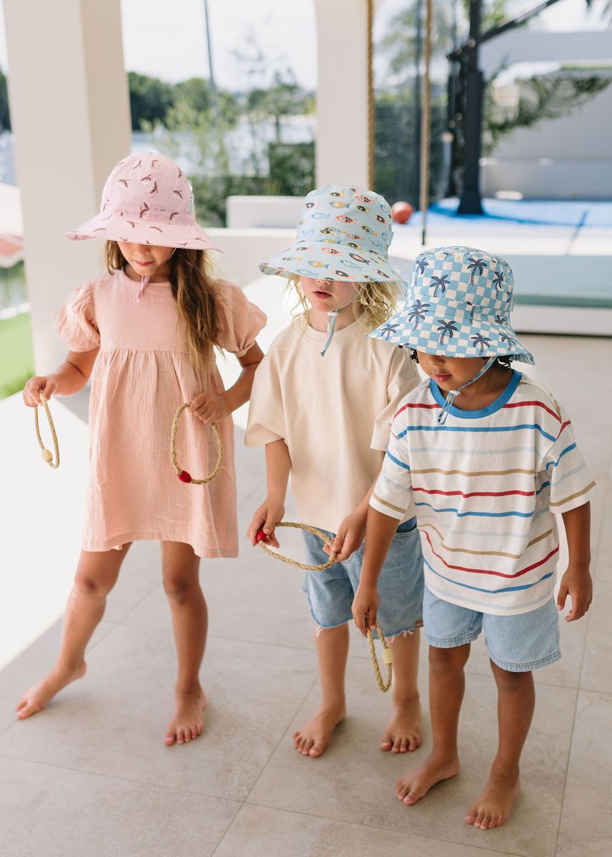 Acorn Kids Blue Checked Palms Wide Brim Bucket Hat in Blue, Cream and Navy