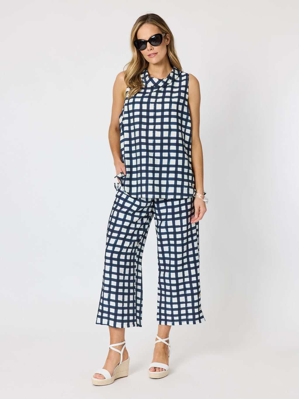 Clarity Monaco Grid Print Top - Navy/White in Navy/White