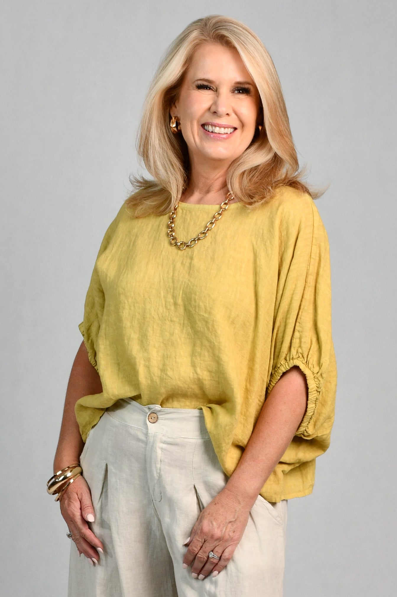 LA SOFIA VLST370 (13141) - MARTINA LINEN TOP  - MUSTARD in Mustard