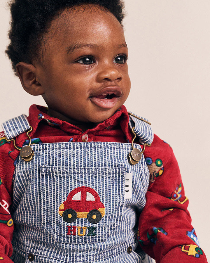 Huxbaby Car Denim Stripe Overalls in BLUE STRIPE