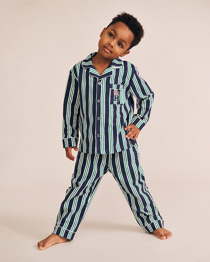 Huxbaby Classic Stripe Flannel Pj Set in NAVY/EMERALD