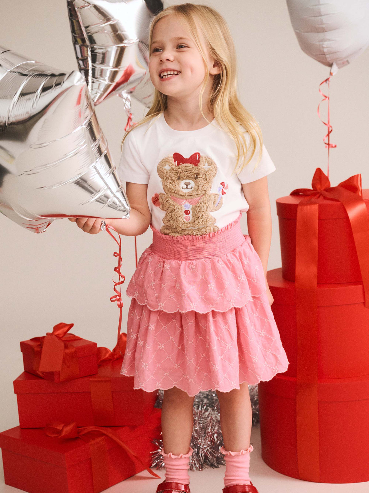 HUXBABY FLORAL BRODERIE TIERED SKIRT in PEONY
