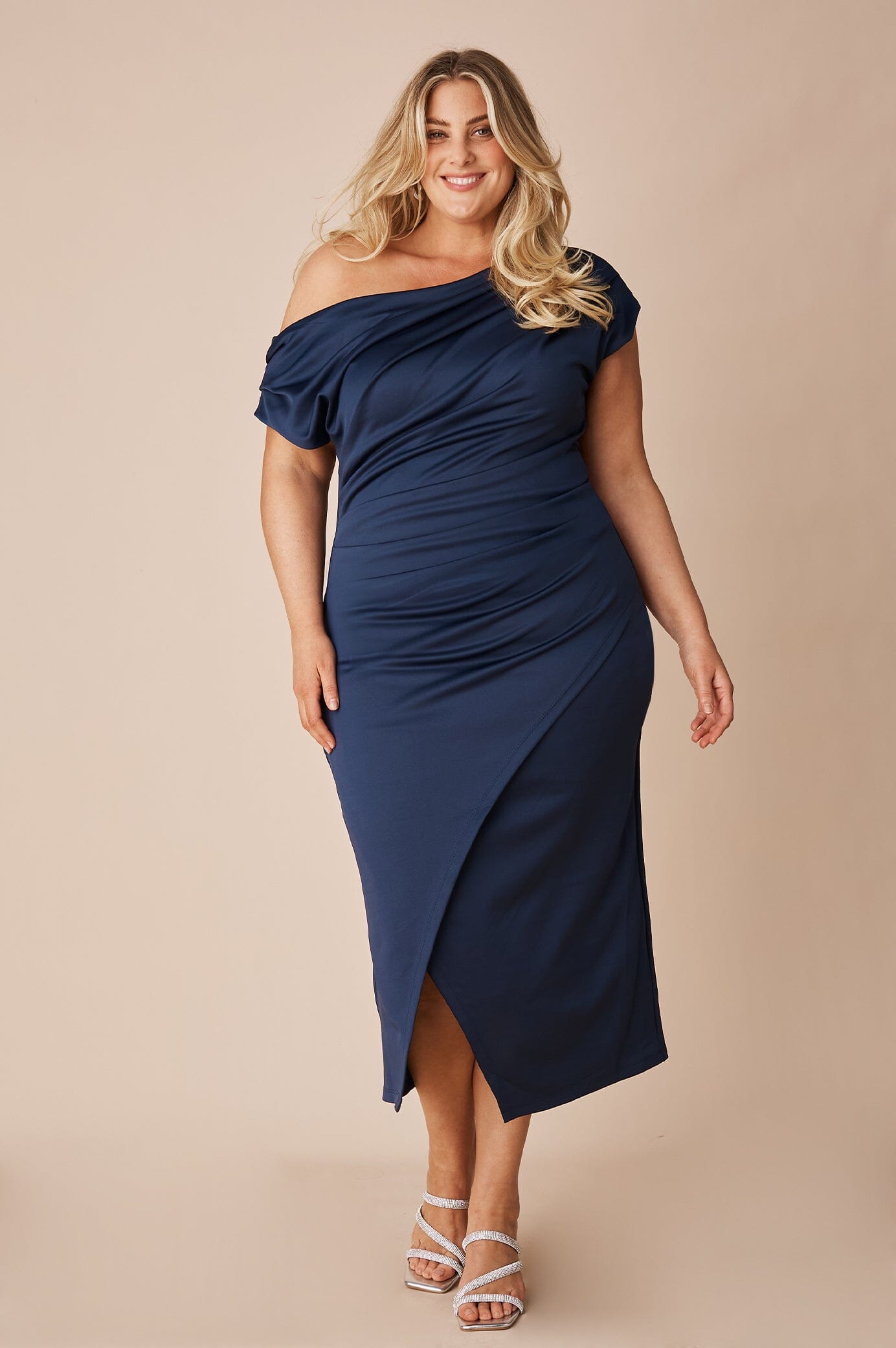 Carolina Roslyn Off Shoulder Midi Dress Navy in Single